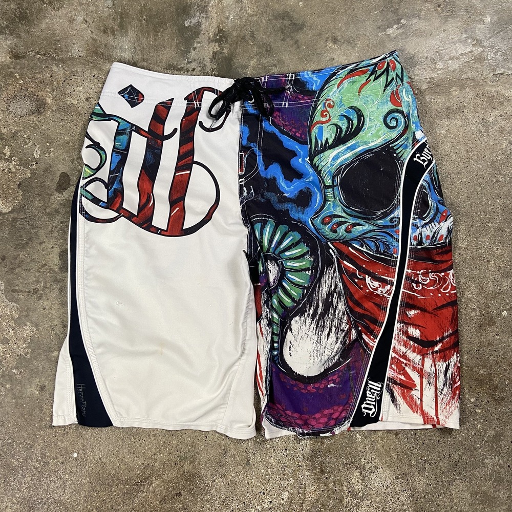 Vintage Y2K O'Neill Byerly Freak Boardshorts Size 34 White Surfwear Graffiti